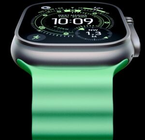Apple Watch Ultra 3 z wyświetlonym interfejsem funkcji satelitarnych i pomiarów zdrowotnych na ekranie OLED