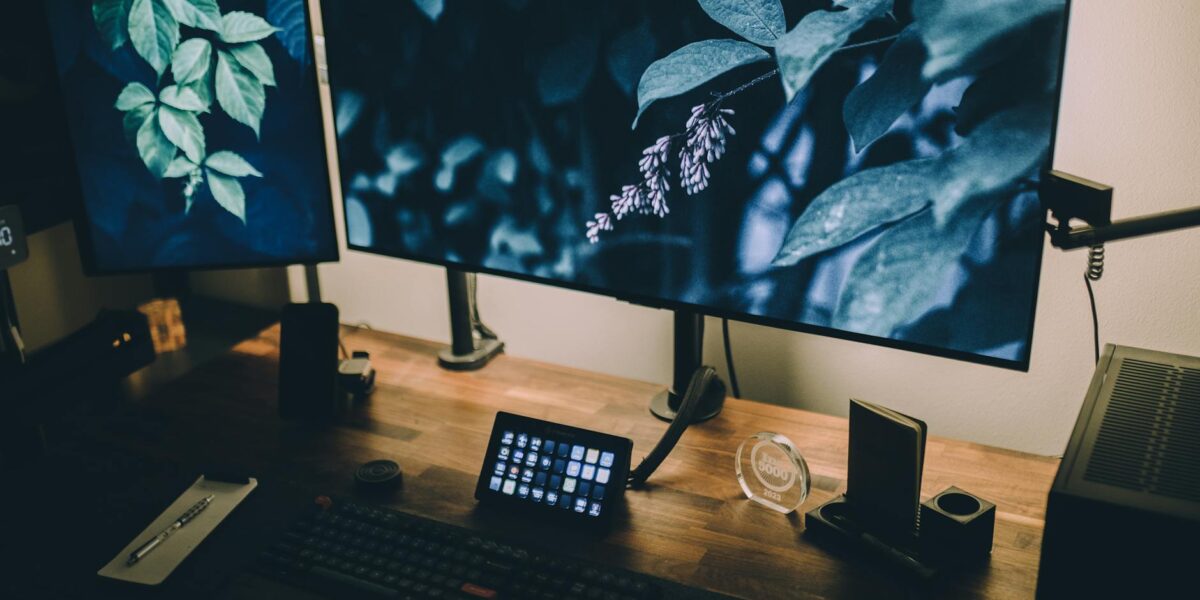 Stylish desktop setup with dual monitors displaying green leaves and wooden decor accents.