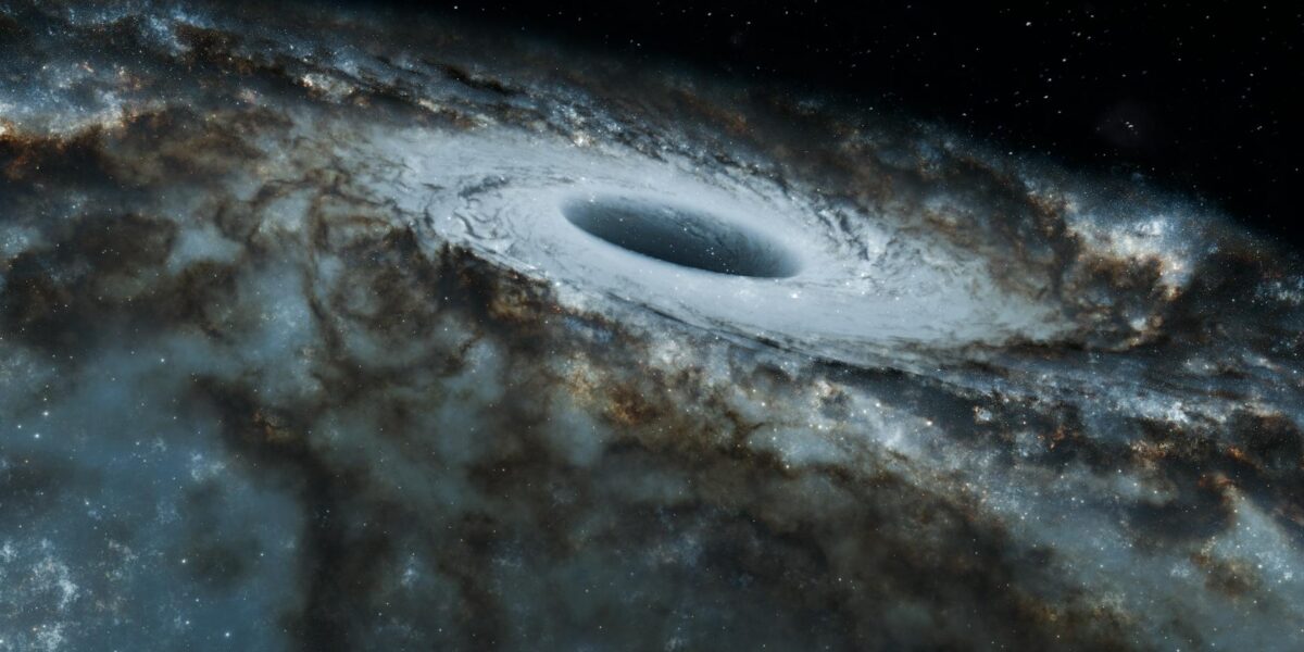 A captivating view of a black hole surrounded by swirling stars in a spiral galaxy.
