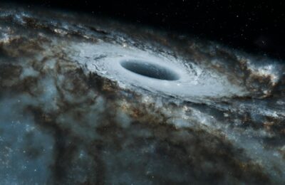 A captivating view of a black hole surrounded by swirling stars in a spiral galaxy.