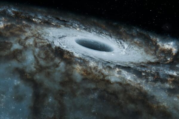A captivating view of a black hole surrounded by swirling stars in a spiral galaxy.
