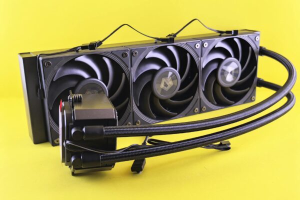 Triple fan liquid cooling system for efficient PC cooling on bright yellow background.