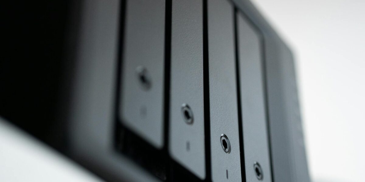 Detailed view of a black data storage unit highlighting modern technology and data management.