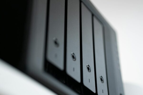 Detailed view of a black data storage unit highlighting modern technology and data management.