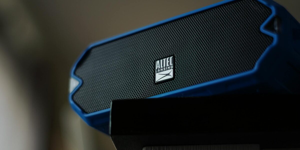 Close-up image of an Altec Lansing portable speaker with a focus on its grille design.