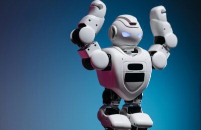 A white humanoid robot in a studio setting showcasing advanced robotics and modern technology.
