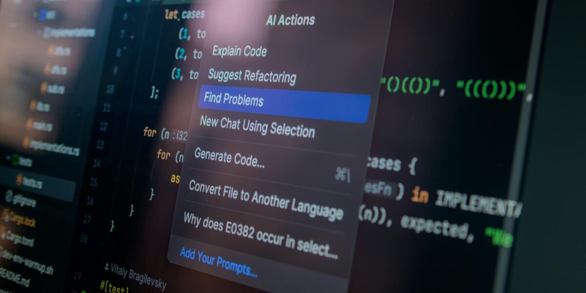 Detailed view of a computer screen displaying code with a menu of AI actions, illustrating modern software development.