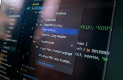 Detailed view of a computer screen displaying code with a menu of AI actions, illustrating modern software development.