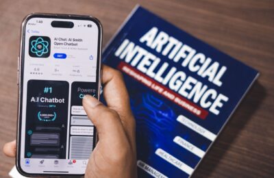 Smartphone displaying AI app with book on AI technology in background.
