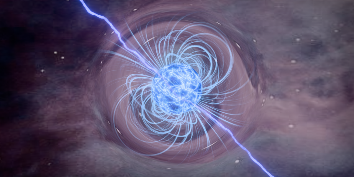 Artistic depiction of a neutron star surrounded by a glowing magnetic field.