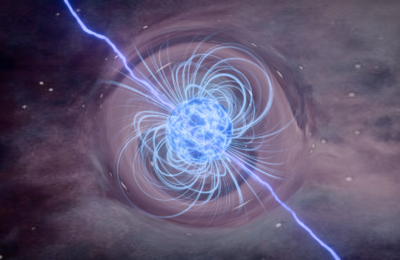 Artistic depiction of a neutron star surrounded by a glowing magnetic field.