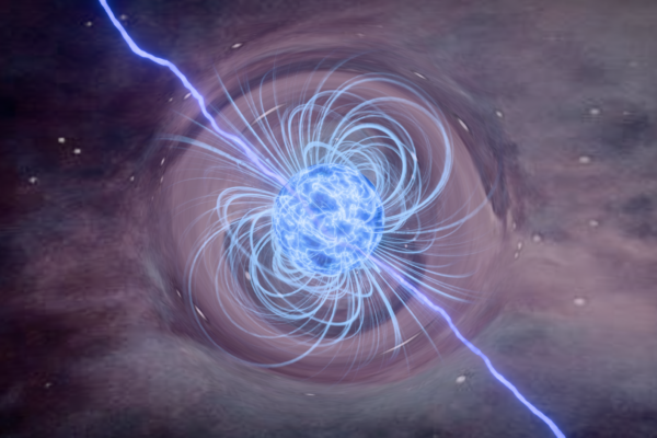 Artistic depiction of a neutron star surrounded by a glowing magnetic field.