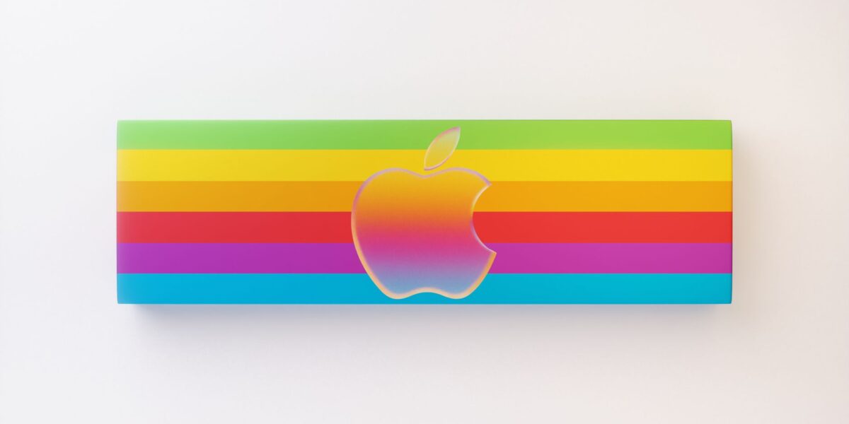 Vibrant rainbow design featuring iconic apple logo against a white backdrop, ideal for brand displays.