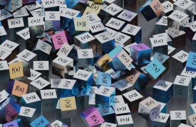A vibrant collection of cubes with f(x) functions creates a visual mathematical pattern.