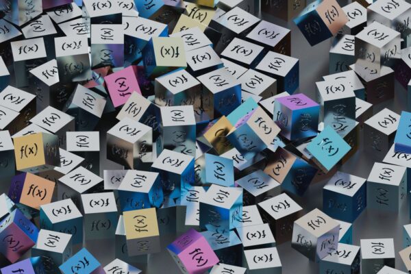 A vibrant collection of cubes with f(x) functions creates a visual mathematical pattern.
