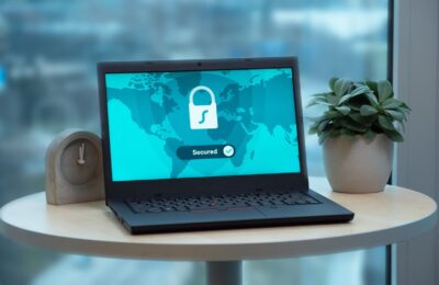 Laptop displaying a security lock icon on a table with a potted plant and clock.
