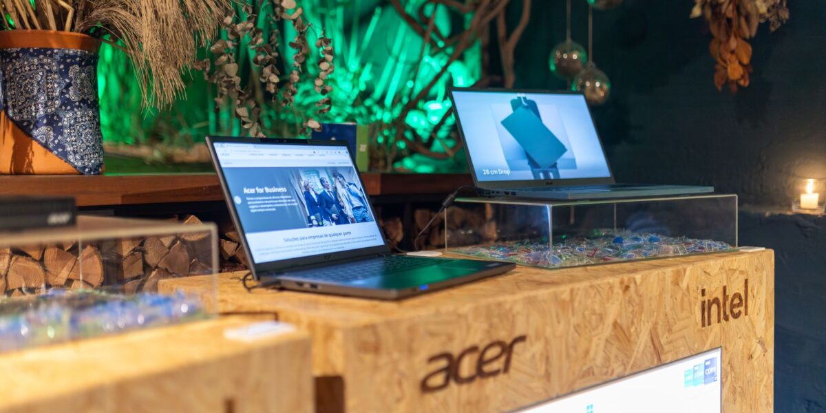 Showcasing Acer laptops with Intel processors at a contemporary tech event.