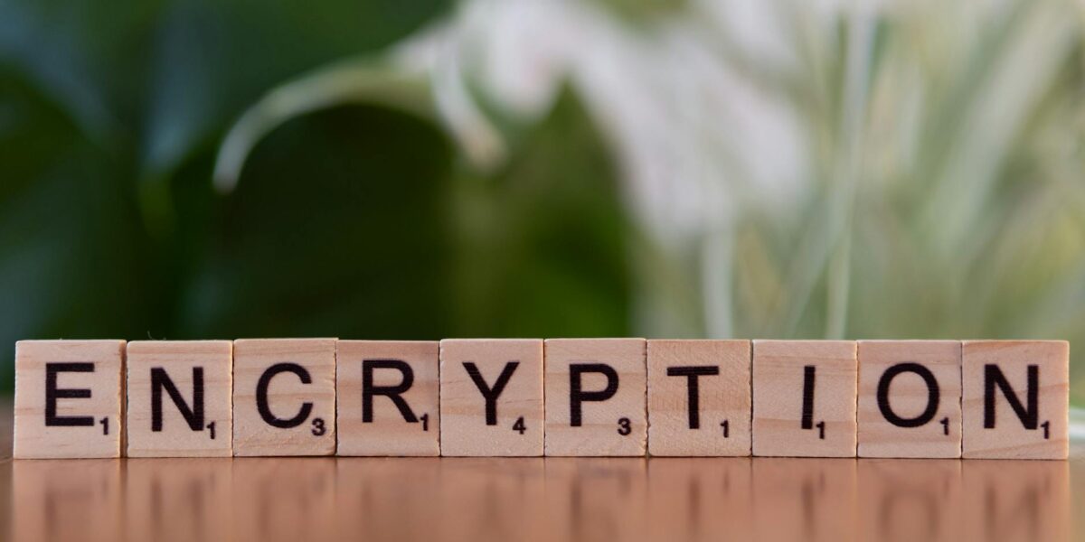 Close-up of wooden blocks spelling 'encryption', symbolizing data security and digital protection.