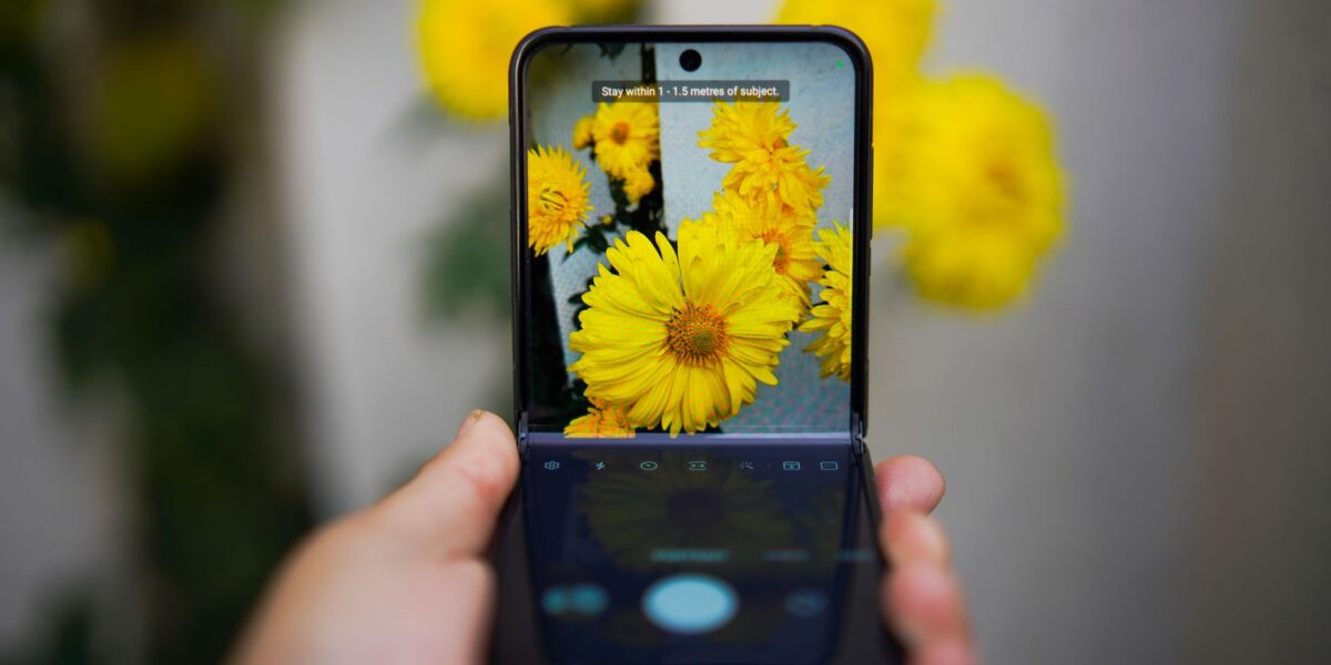 A smartphone capturing vivid yellow flowers, showcasing technology and nature interaction.