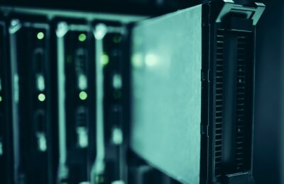 Close-up of server racks in a data center highlighting modern technology infrastructure.