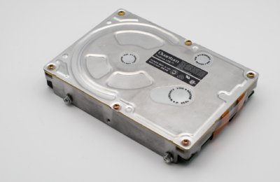 Retro Quantum ProDrive hard disk drive on a light background, showcasing vintage computer technology.