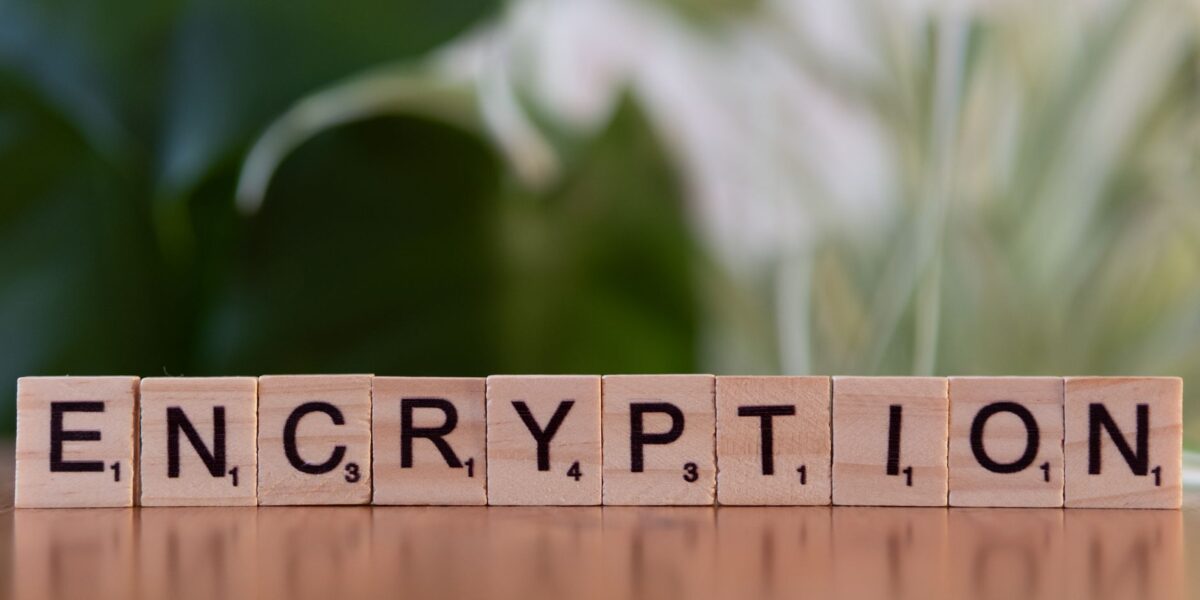 Close-up of wooden blocks spelling 'encryption', symbolizing data security and digital protection.