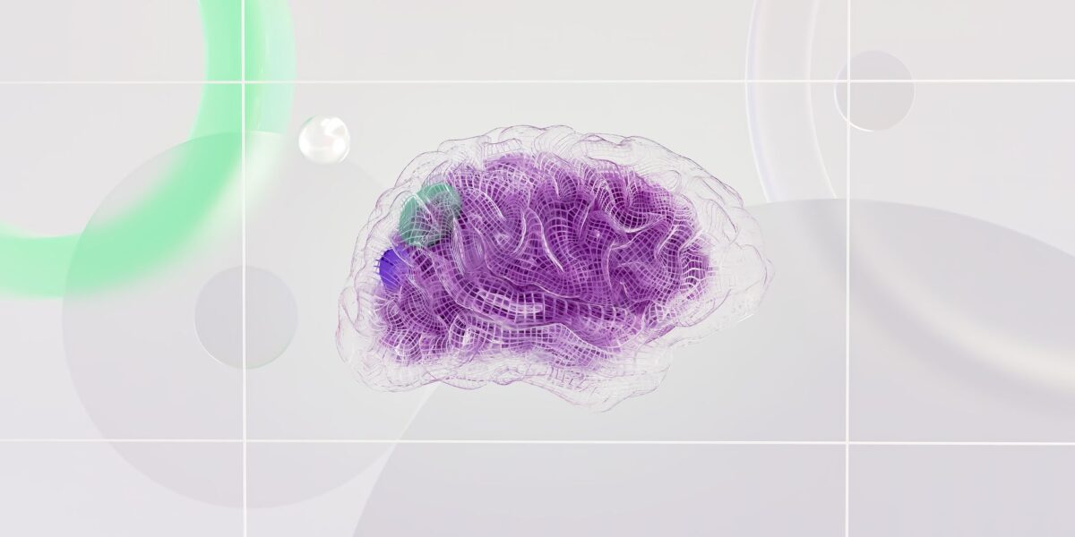 3D rendered abstract design featuring a digital brain visual with vibrant colors.