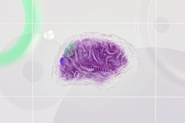 3D rendered abstract design featuring a digital brain visual with vibrant colors.