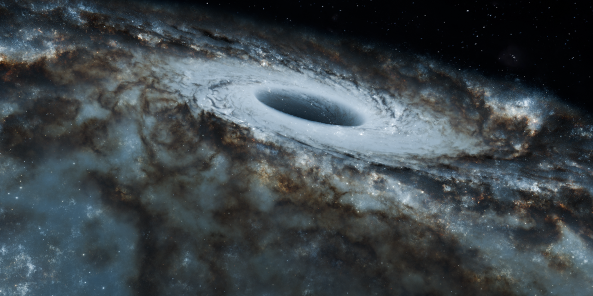 A captivating view of a black hole surrounded by swirling stars in a spiral galaxy.
