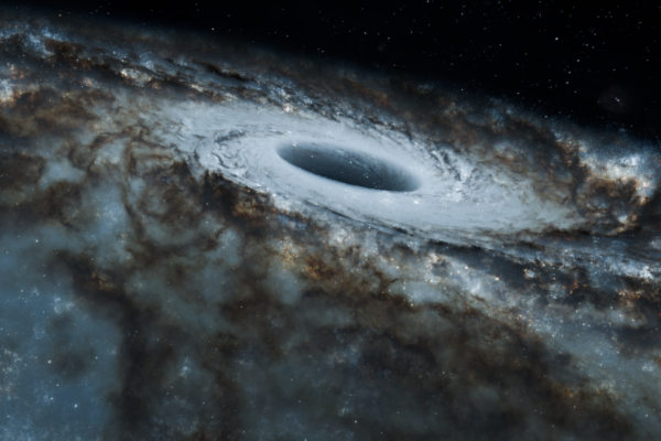 A captivating view of a black hole surrounded by swirling stars in a spiral galaxy.