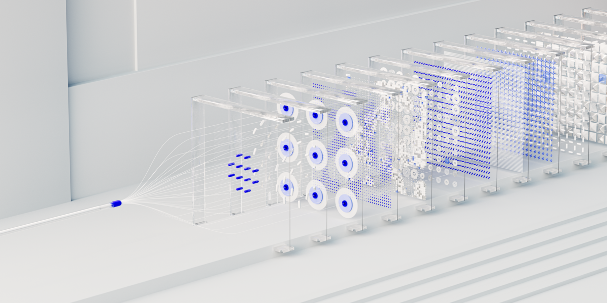 Visual abstraction of neural networks in AI technology, featuring data flow and algorithms.