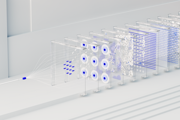 Visual abstraction of neural networks in AI technology, featuring data flow and algorithms.