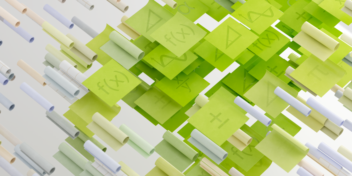 Dynamic abstract image with mathematical symbols on floating papers, vibrant and conceptual.