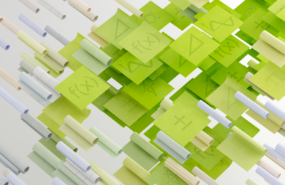 Dynamic abstract image with mathematical symbols on floating papers, vibrant and conceptual.