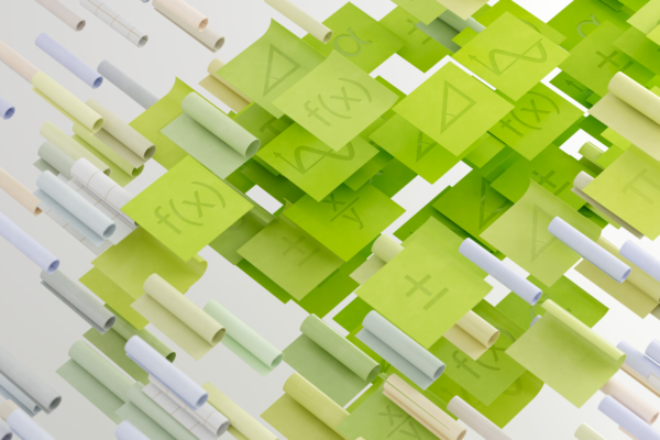 Dynamic abstract image with mathematical symbols on floating papers, vibrant and conceptual.