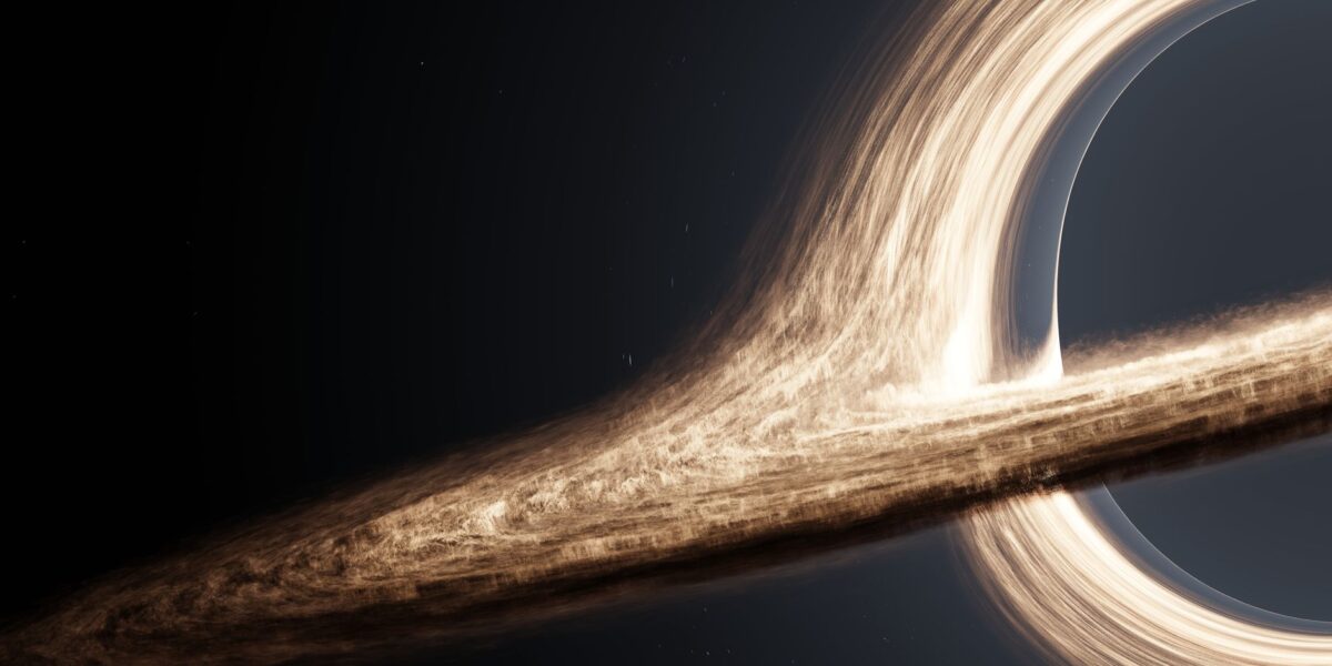 Dramatic CGI rendering of a black hole with swirling accretion disk.
