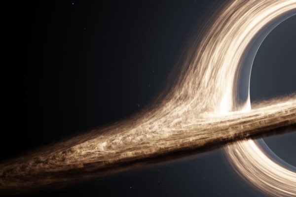 Dramatic CGI rendering of a black hole with swirling accretion disk.