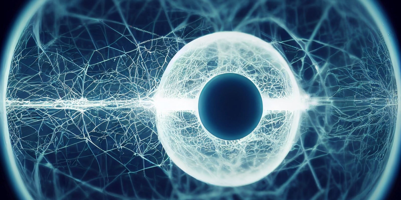 A digitally rendered abstract image showcasing a futuristic eye with complex network patterns.