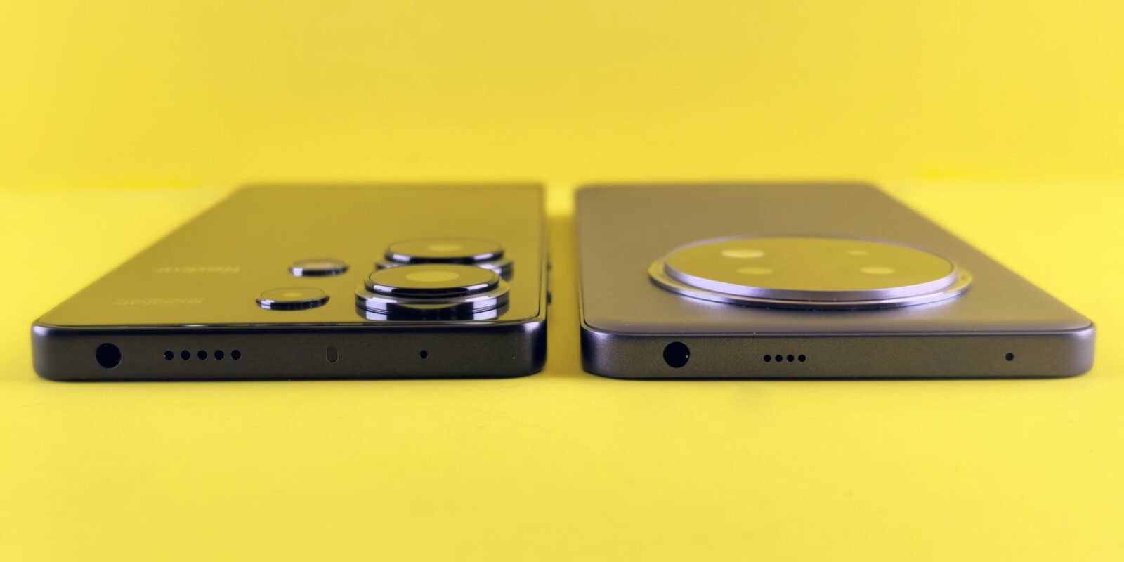 Two smartphones showcased side-by-side against a vibrant yellow background.